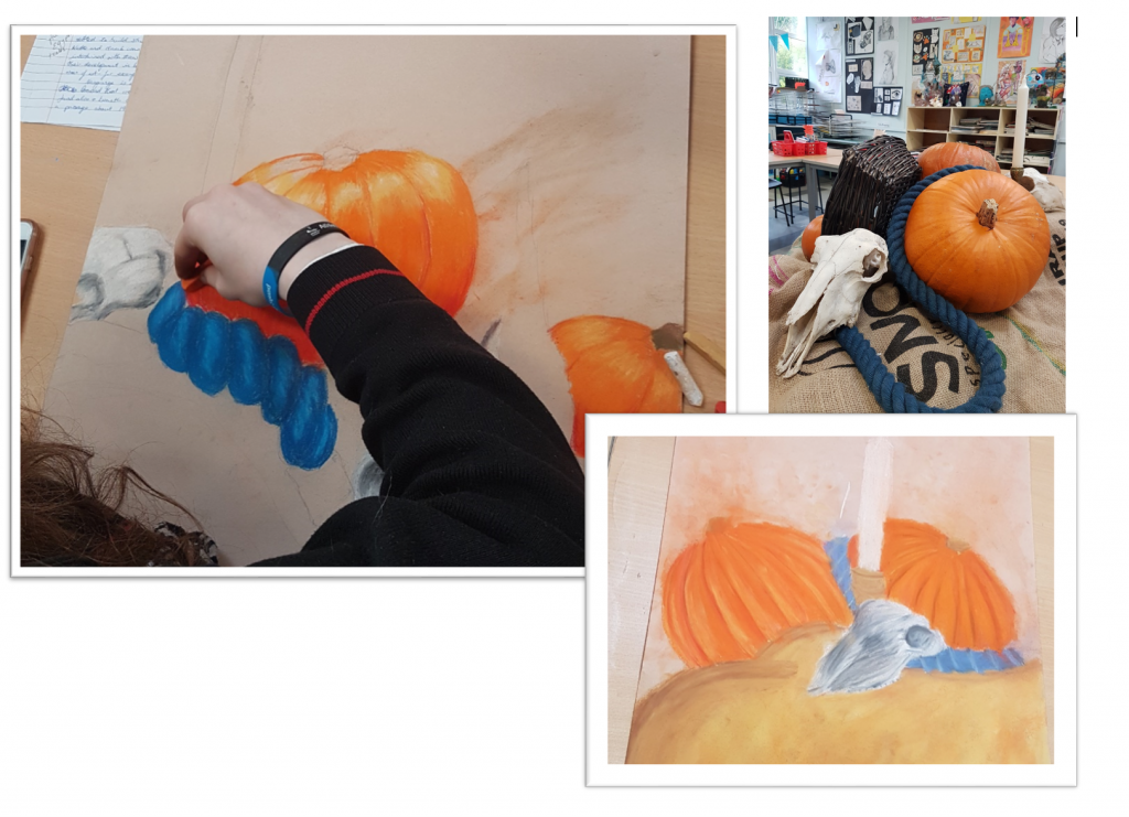 Fifth and Leaving Cert students make chalk still life drawing from Halloween themed still lives.
